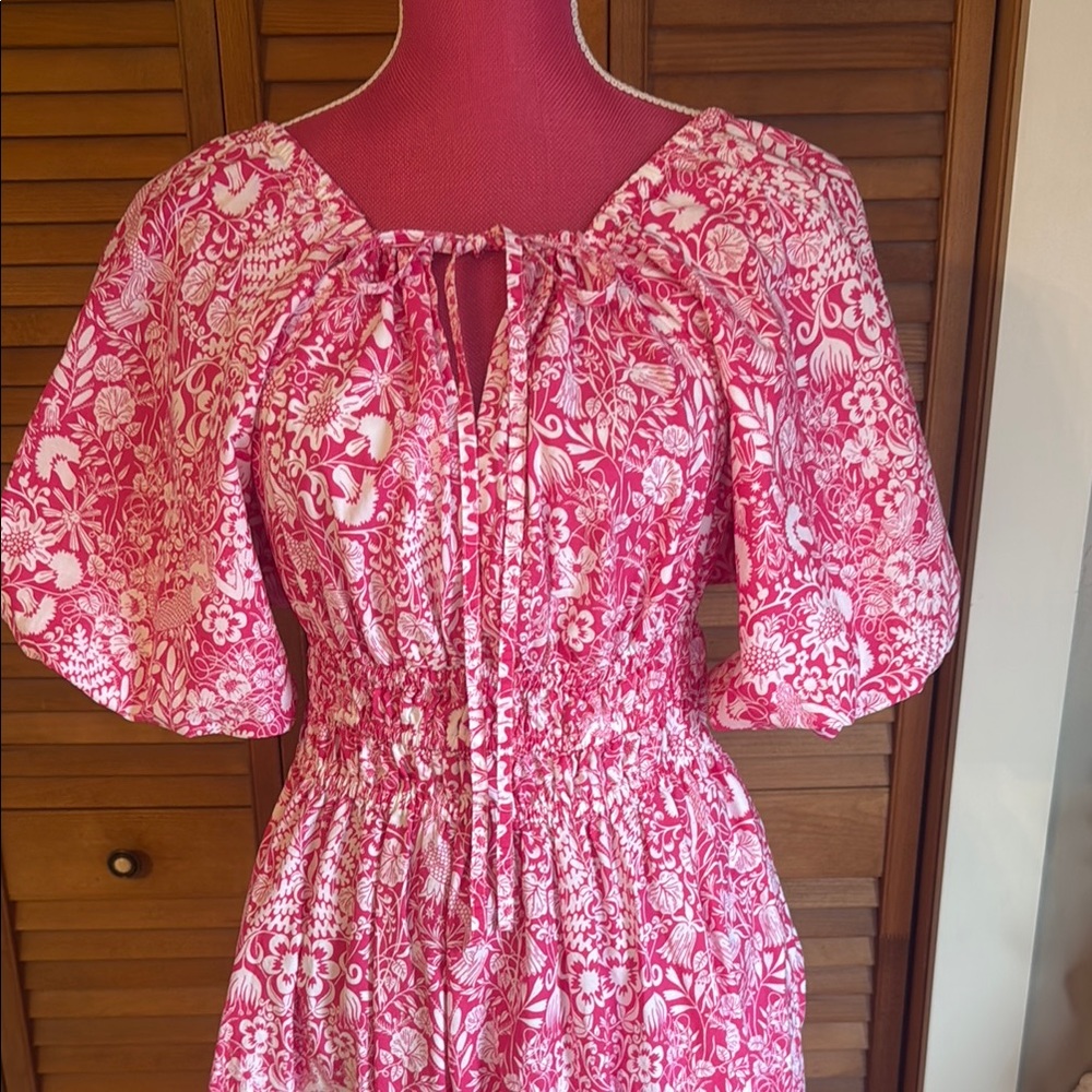 J. Crew Pink and White Smocked Sundress with Puff Sleeves